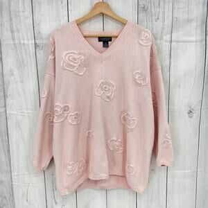 Vintage 90s Classiques Entier Pink Beaded Floral Sweater Oversized V-Neck L